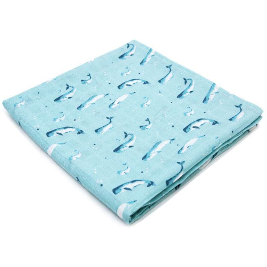 100% Organic Cotton Muslin Swaddle - Watercolour Whales Aquatic Blue