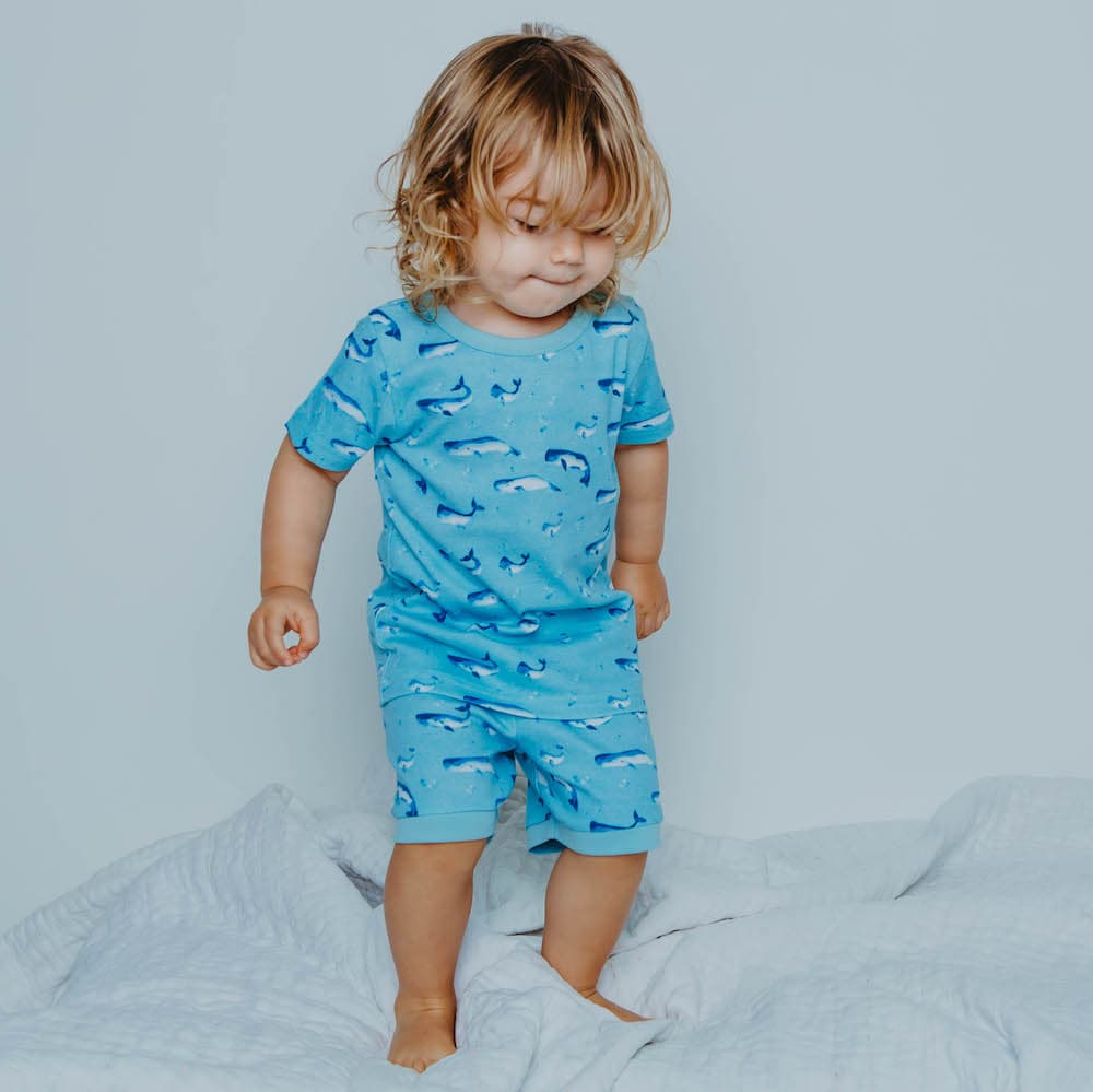 100% Organic Cotton Summer Short Pyjama Set - Aquatic Blue Watercolour Whale Pods