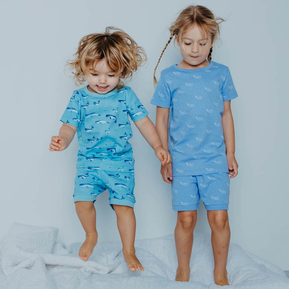100% Organic Cotton Summer Short Pyjama Set - Tiny Whales Hydrangea Blue