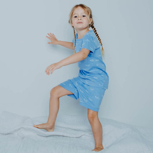 100% Organic Cotton Summer Short Pyjama Set - Tiny Whales Hydrangea Blue