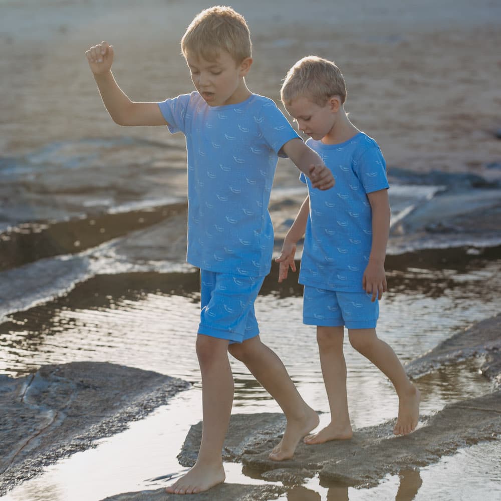 100% Organic Cotton Summer Short Pyjama Set - Tiny Whales Hydrangea Blue