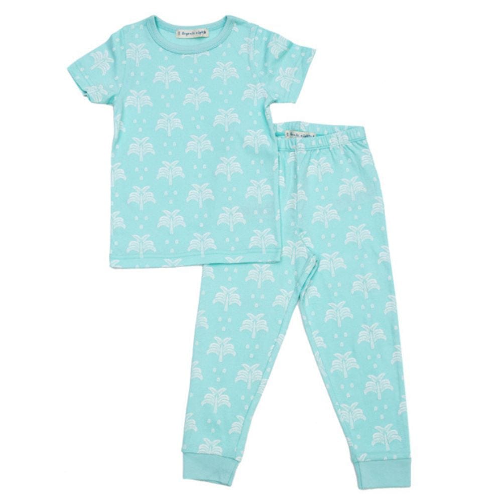 100% Organic Cotton Summer T-Shirt and Long-Leg Pyjama Set - Palms & Pineapples in Island Water Green
