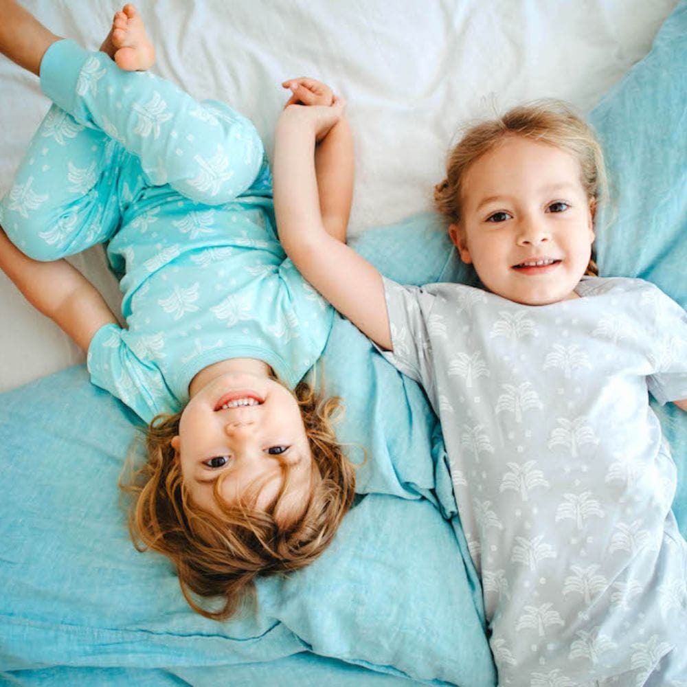 100% Organic Cotton Summer T-Shirt and Long-Leg Pyjama Set - Palms & Pineapples in Island Water Green