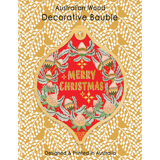 Aero Decorative Wooden Bauble - Merry Christmas Protea Wreath