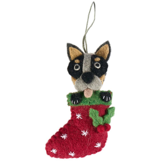 Fairtrade Felt Christmas Decoration - Cattle Dog in Stocking