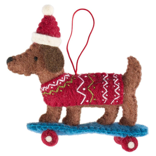 Fairtrade Felt Christmas Decoration - Dachshund on Skateboard
