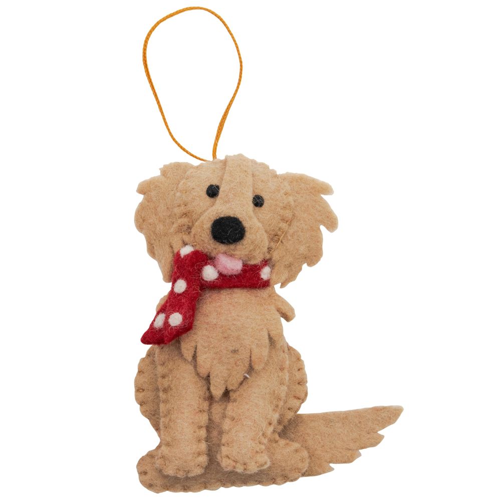 Fairtrade Felt Christmas Decoration - Golden Retriever with Scarf (Red)