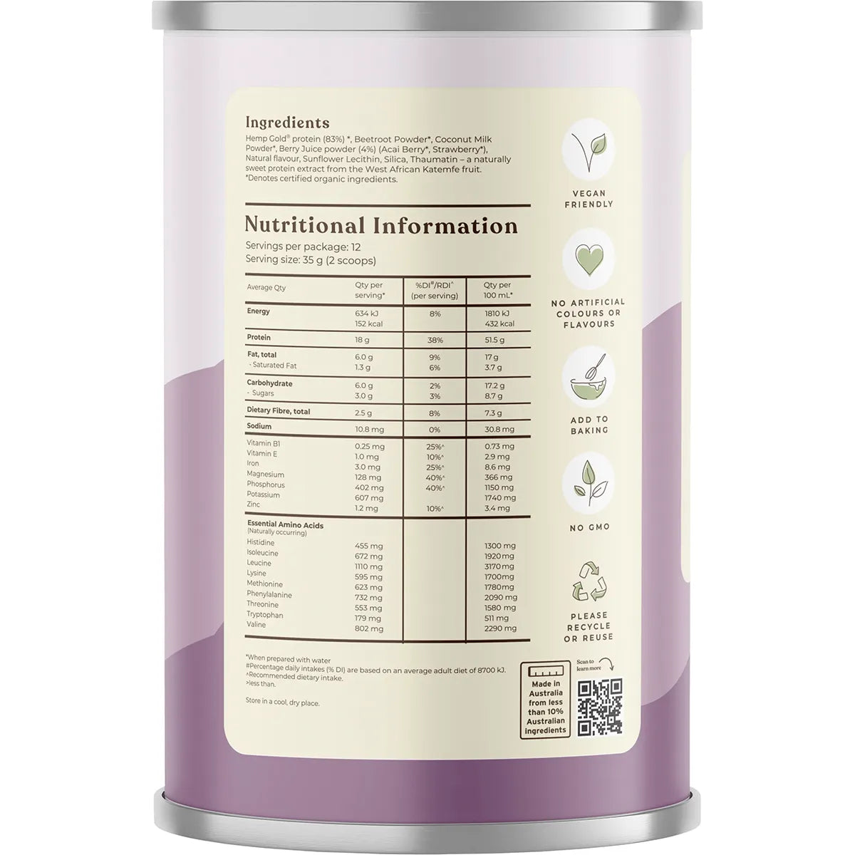 Hemp Foods Australia Organic Hemp Protein Shake - Mixed Berry 420g