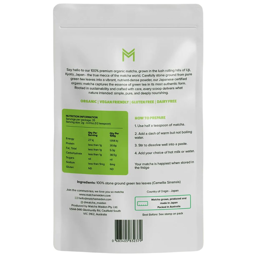 Matcha Maiden Organic Matcha Tea Powder 70g - 100% Pure Stone Ground
