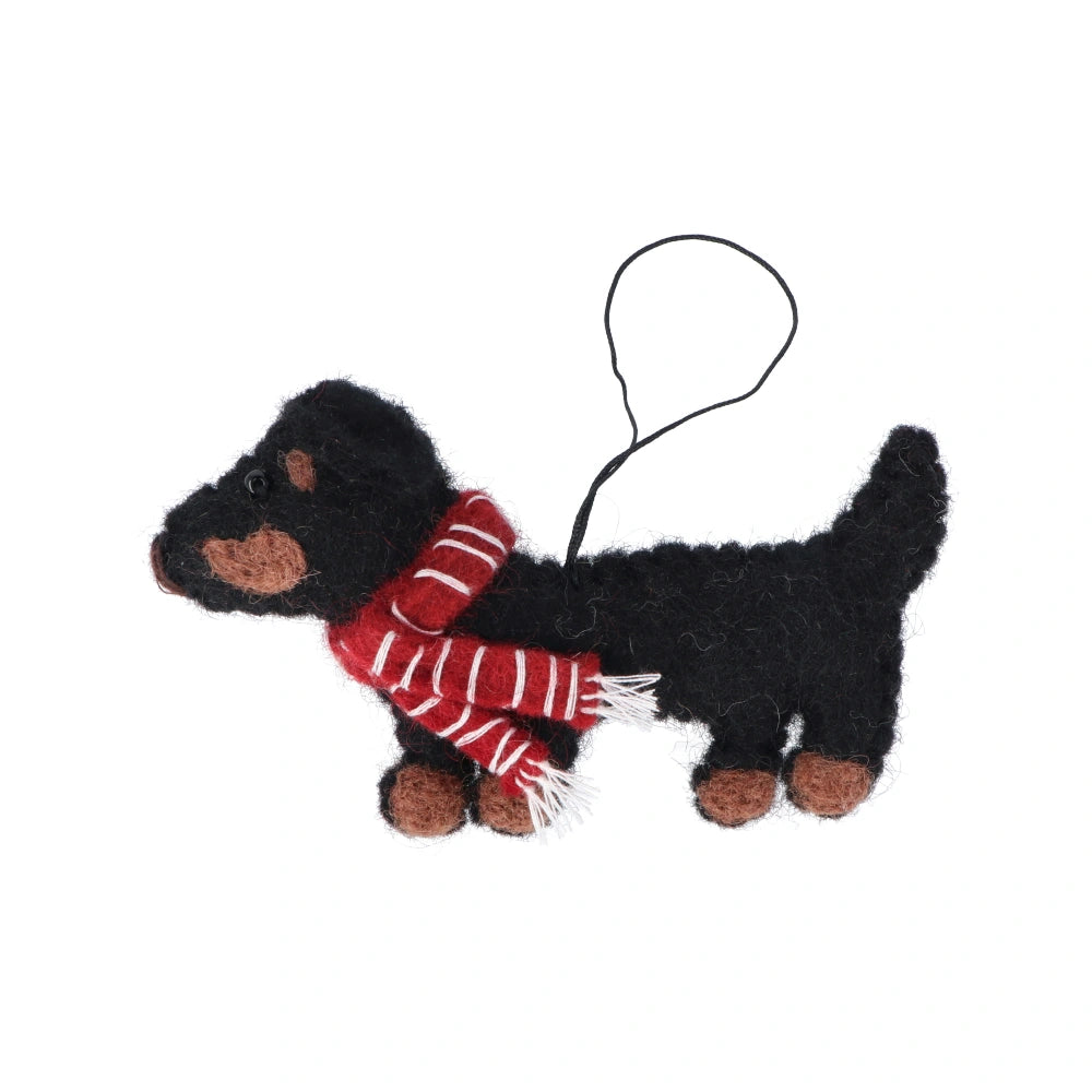 Fairtrade Felt Christmas Decoration - Black Dachshund (Red Scarf)