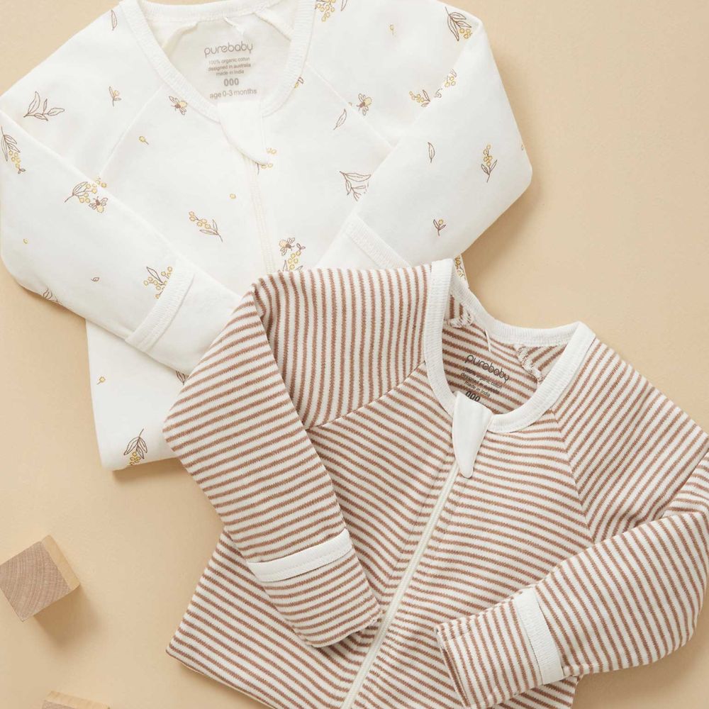 Purebaby 2 Pack Zip Growsuit - Vanilla Wattle Bee