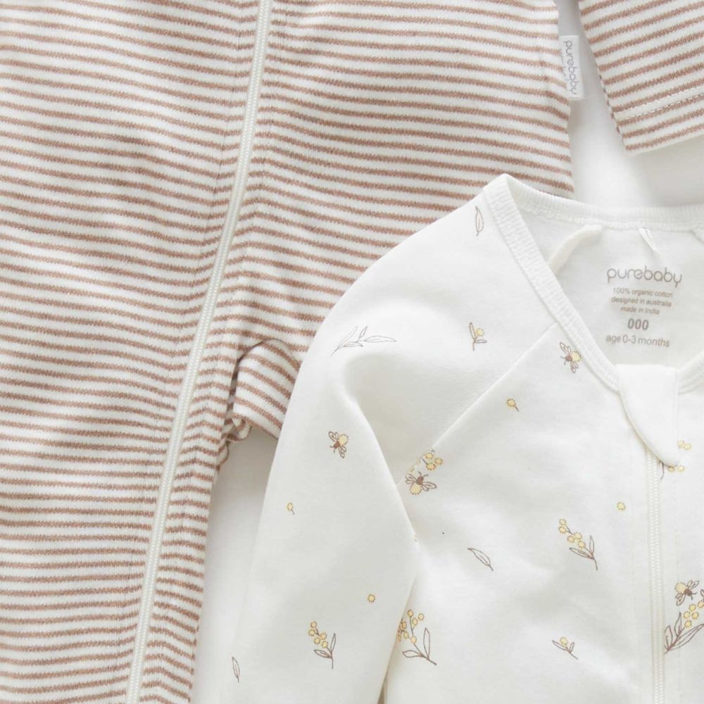 Purebaby 2 Pack Zip Growsuit - Vanilla Wattle Bee