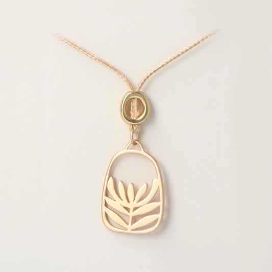 Rancho Necklace Gold Leucadendron Hollow Oval on Tan Cord