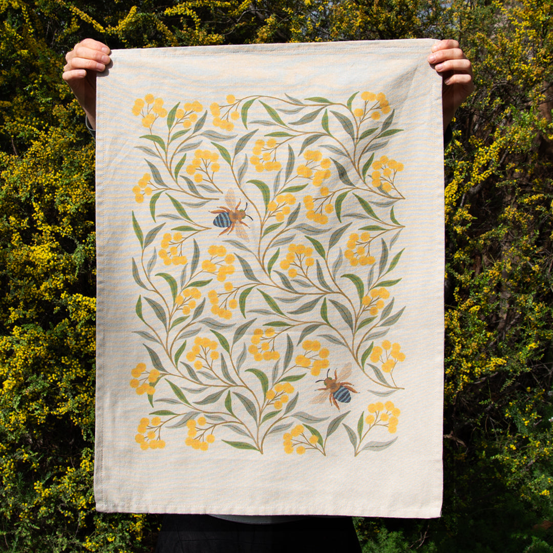Earth Greetings Organic Cotton Tea Towel - Wattle & Bee