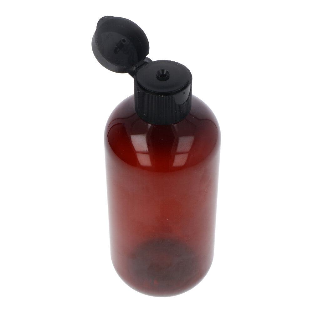 Amber Short PET Plastic Bottle with Black Flip Top Cap - 250ml