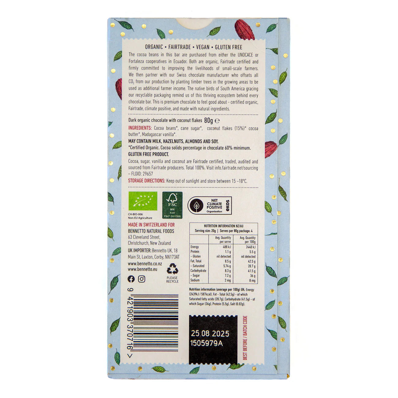Bennetto Organic Choc Dark Chocolate 80g - Coconut Flakes