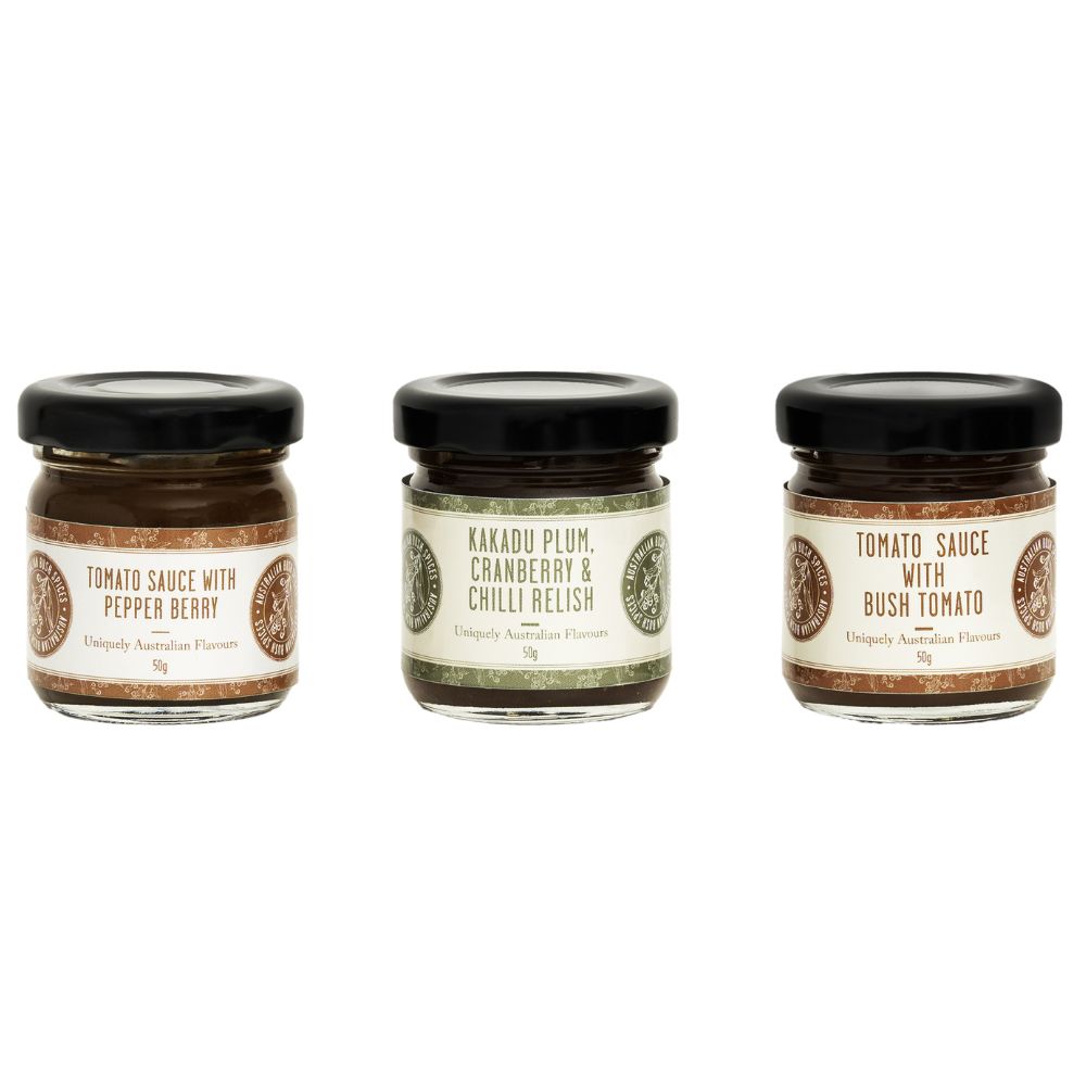 Australian Bush Spices - 3 Pack Tomato Sauces and Kakadu Plum Relish 50g