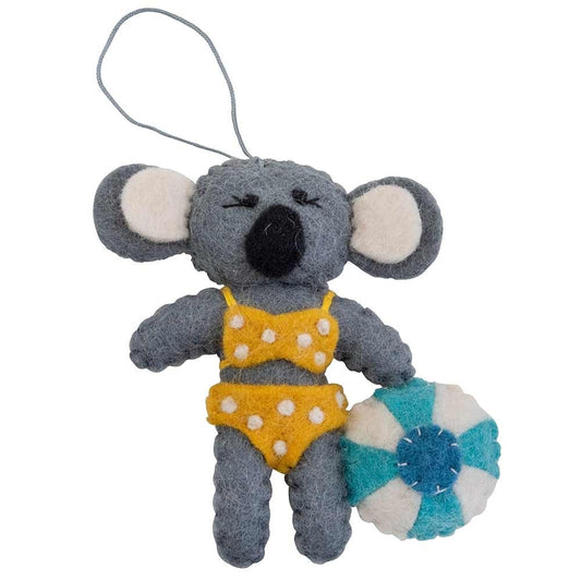 Fairtrade Felt Christmas Decoration - Koala with Ball (Yellow Bikini)