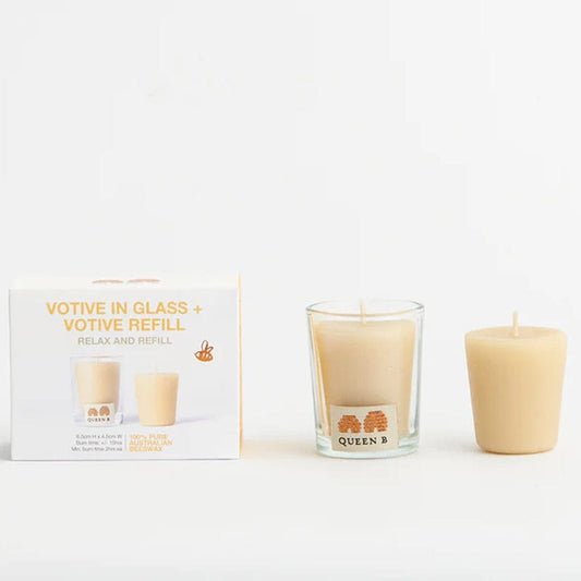 Queen B Beeswax Candle Votive in Glass + Refill Pack