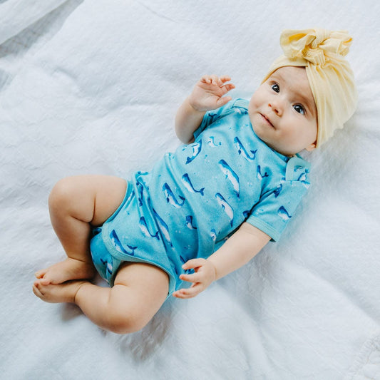 100% Organic Cotton Summer Short-Sleeve Onesie - Watercolour Whale Pods in Aquatic Blue