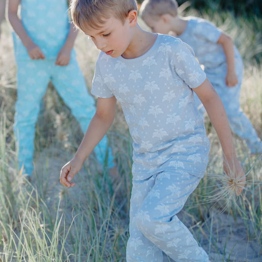 100% Organic Cotton Summer T-Shirt and Long-Leg Pyjama Set - Palms & Pineapples in Grey