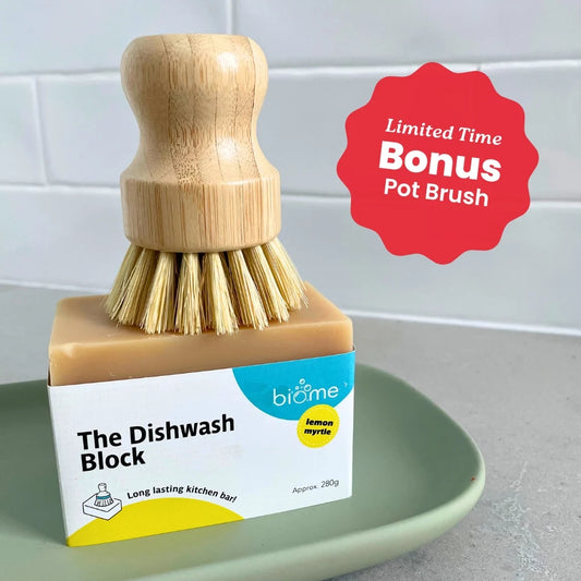 GIFT Biome Pot Scrubbing Brush when you purchase the Biome Dishwash Block