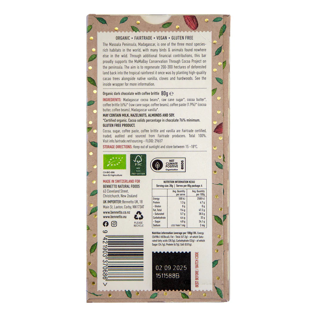 Bennetto Organic Choc Dark Chocolate 80g- Dark Coffee