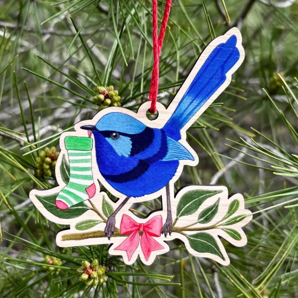 Earth Greetings Wooden Christmas Decoration - Splendid Fairy Wren