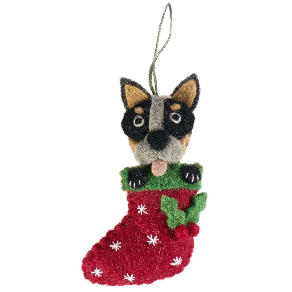 Fairtrade Felt Christmas Decoration - Cattle Dog in Stocking