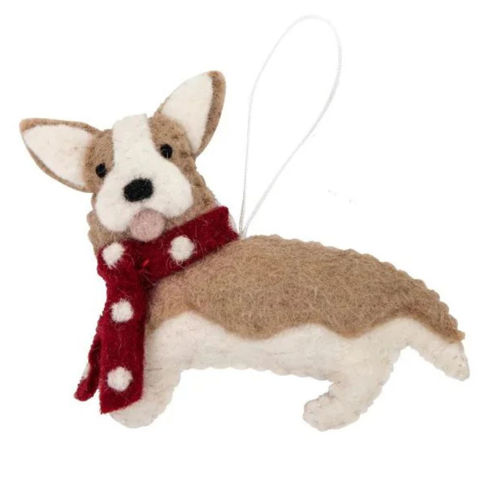 Fairtrade Felt Christmas Decoration - Corgi With Red Scarf