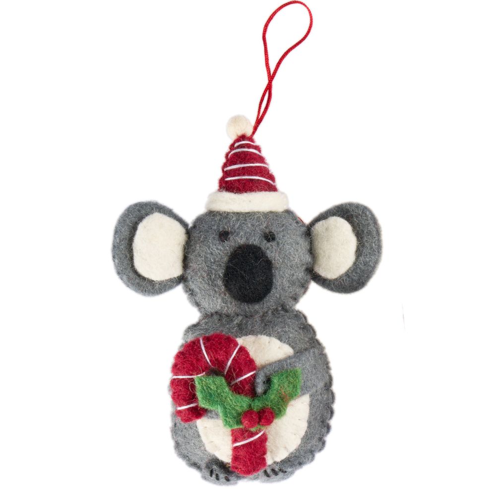 Fairtrade Felt Christmas Decoration - Koala with Candy Cane