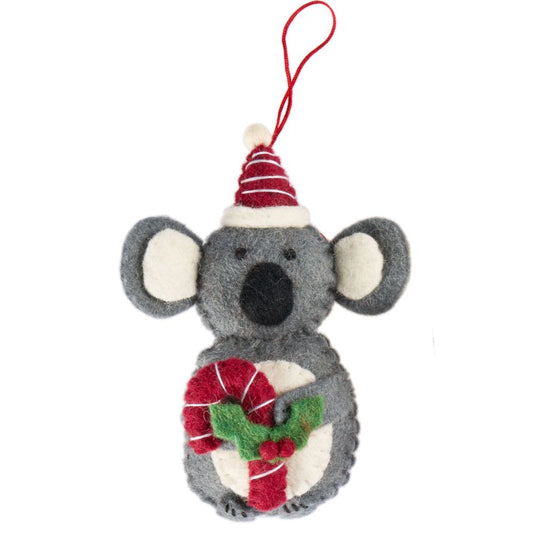 Fairtrade Felt Christmas Decoration - Koala with Candy Cane