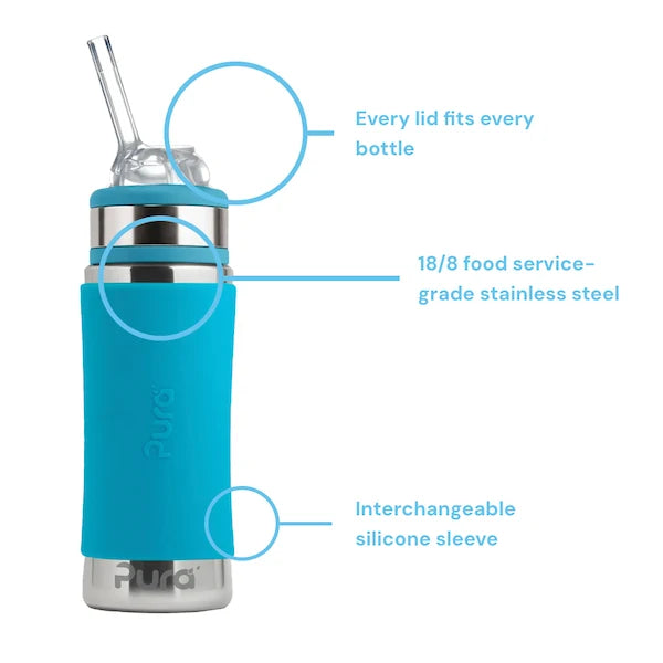 Pura Kiki Stainless Steel Kiddo Straw Bottle With Silicone Collar 325ml - Aqua