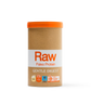 Container of Raw Paleo Protein with a white label and orange lid on a white background