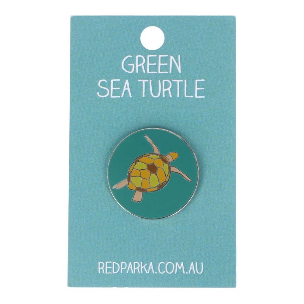 Red Parka Enamel Pin - Green Sea Turtle