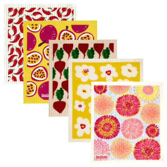 Swedish Dish Sponge Cloth 5 Pack Bundle - Fruits & Flowers
