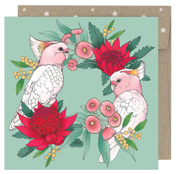 Earth Greetings Australian Christmas Card Pack - Pink Cockatoo Wreath (Box of 8)