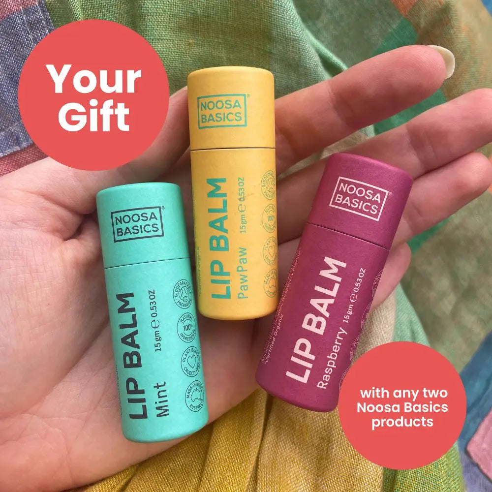 YOUR GIFT Noosa Basics Lip Balm when you buy any 2 Noosa Basics products.