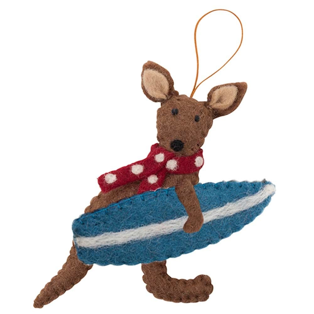Fairtrade Felt Christmas Decoration - Kangaroo with Surfboard