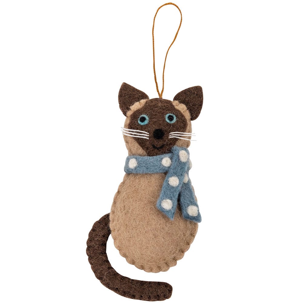 Fairtrade Felt Christmas Decoration - Siamese Cat With Blue Scarf
