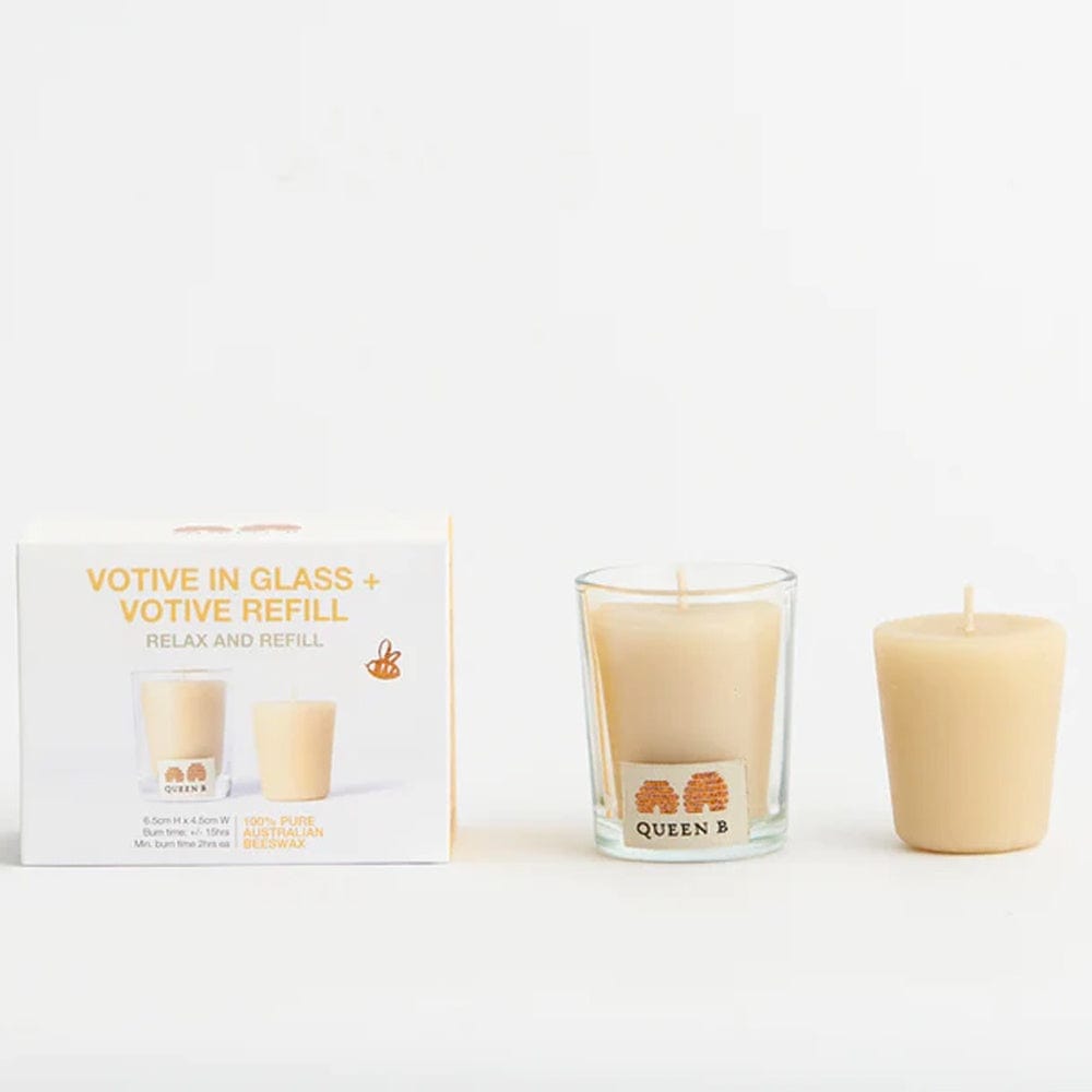 Queen B Beeswax Candle Votive in Glass + Refill Pack