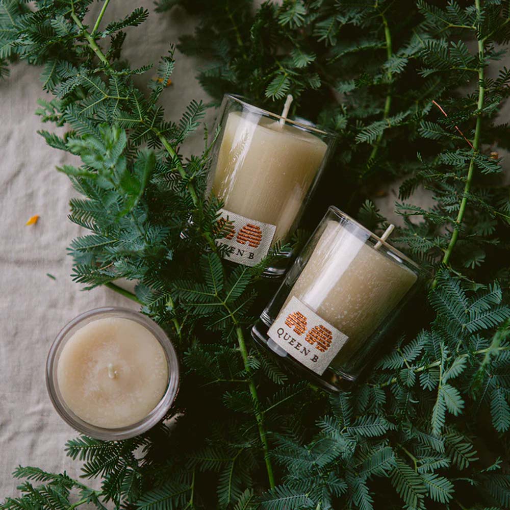 Queen B Beeswax Candle Votive in Glass + Refill Pack
