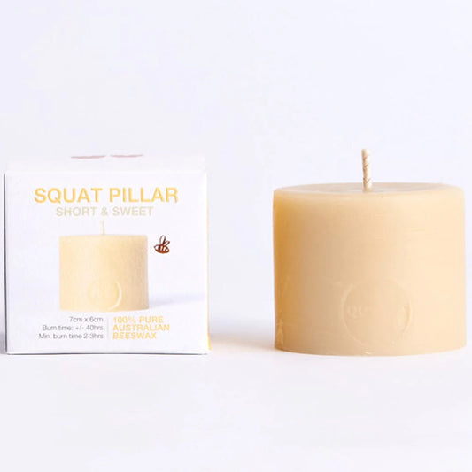 Queen B Beeswax Squat Pillar Candle - 6cm/40hr Burn Time