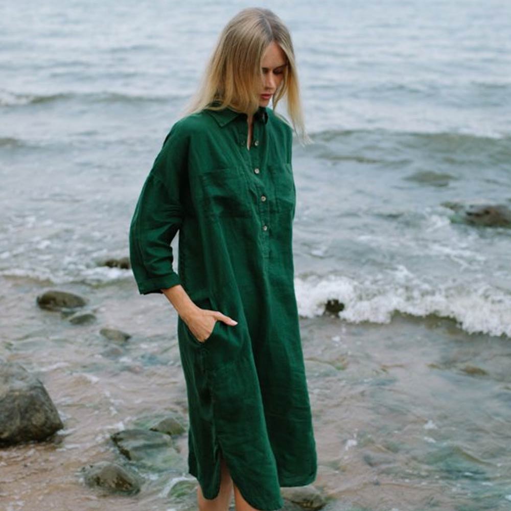 Seaside Tones Linen Shirt Dress - Green Seaside Tones Linen Shirt Dress - Green
