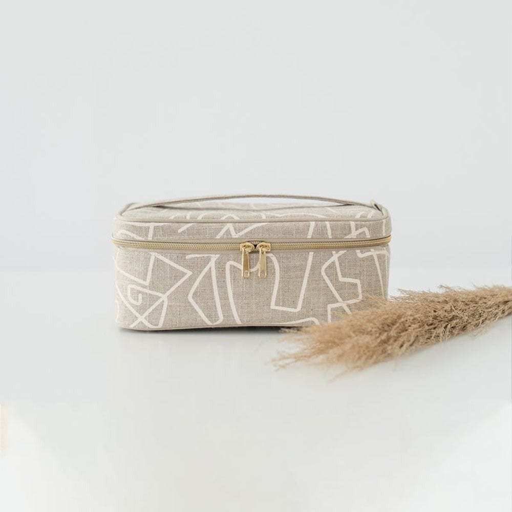 SoYoung Large Raw Linen Makeup Bag Beauty Poche - Abstract Lines