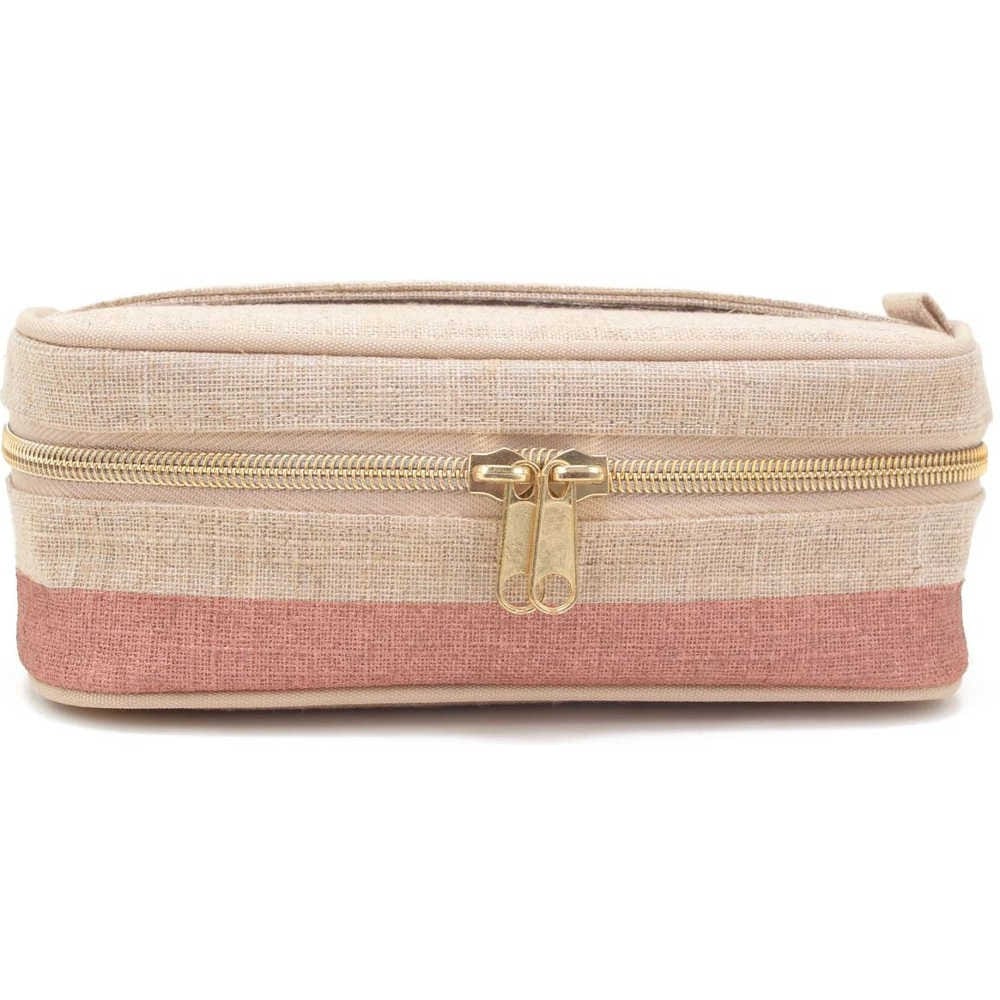 SoYoung Petite Raw Linen Makeup Bag Beauty Poche - Rose Gold Colour Block