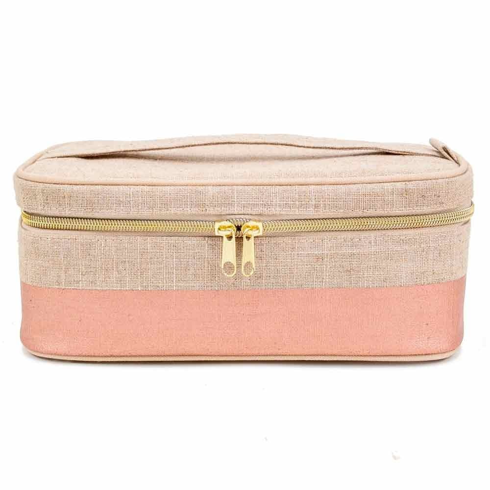 SoYoung Raw Linen Makeup Bag Beauty Poche - Rose Gold Colour Block